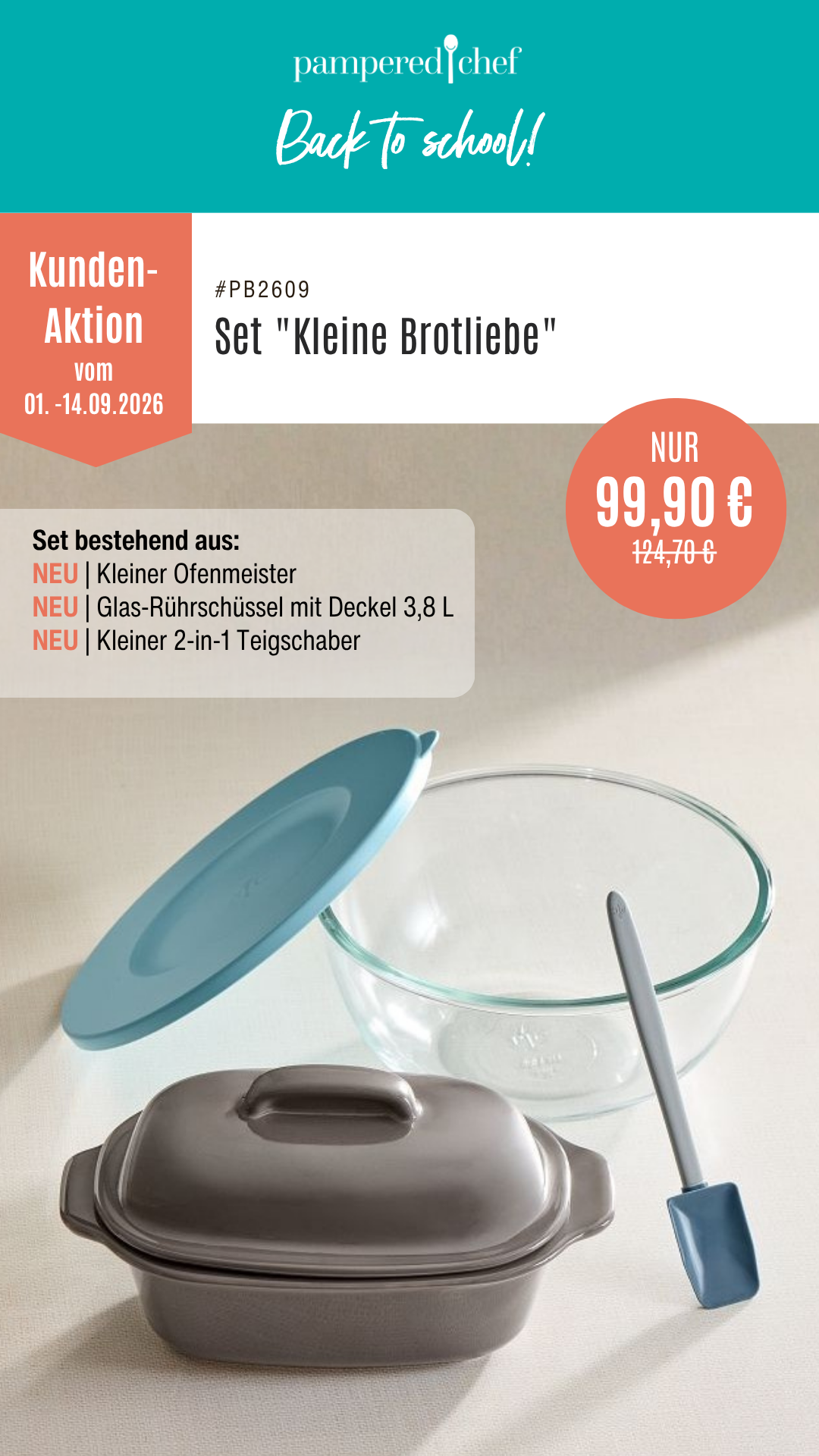 Pampered Chef Set Kleine Brotliebe mit kleinem Ofenmeister, Glas-Rührschüssel und Teigschaber