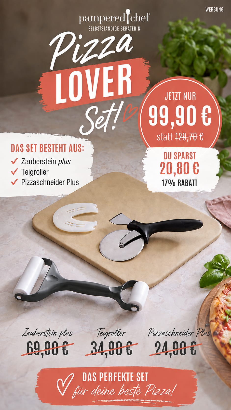 Pampered Chef Pizza-Lover-Set mit Zauberstein plus, Teigroller und Pizzaschneider Plus