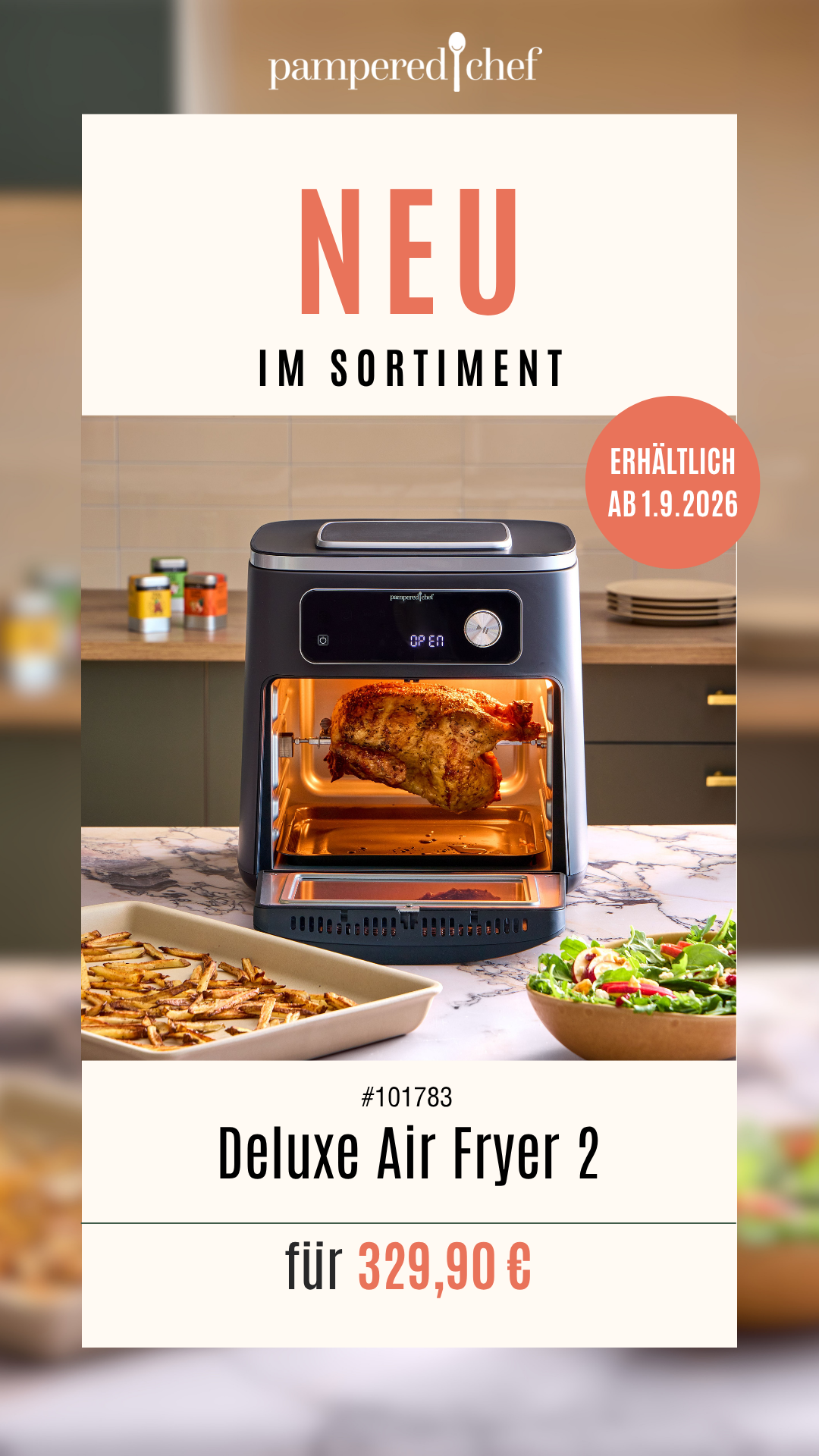 Pampered Chef Deluxe Air Fryer 2.0 mit Hähnchen und Pommes