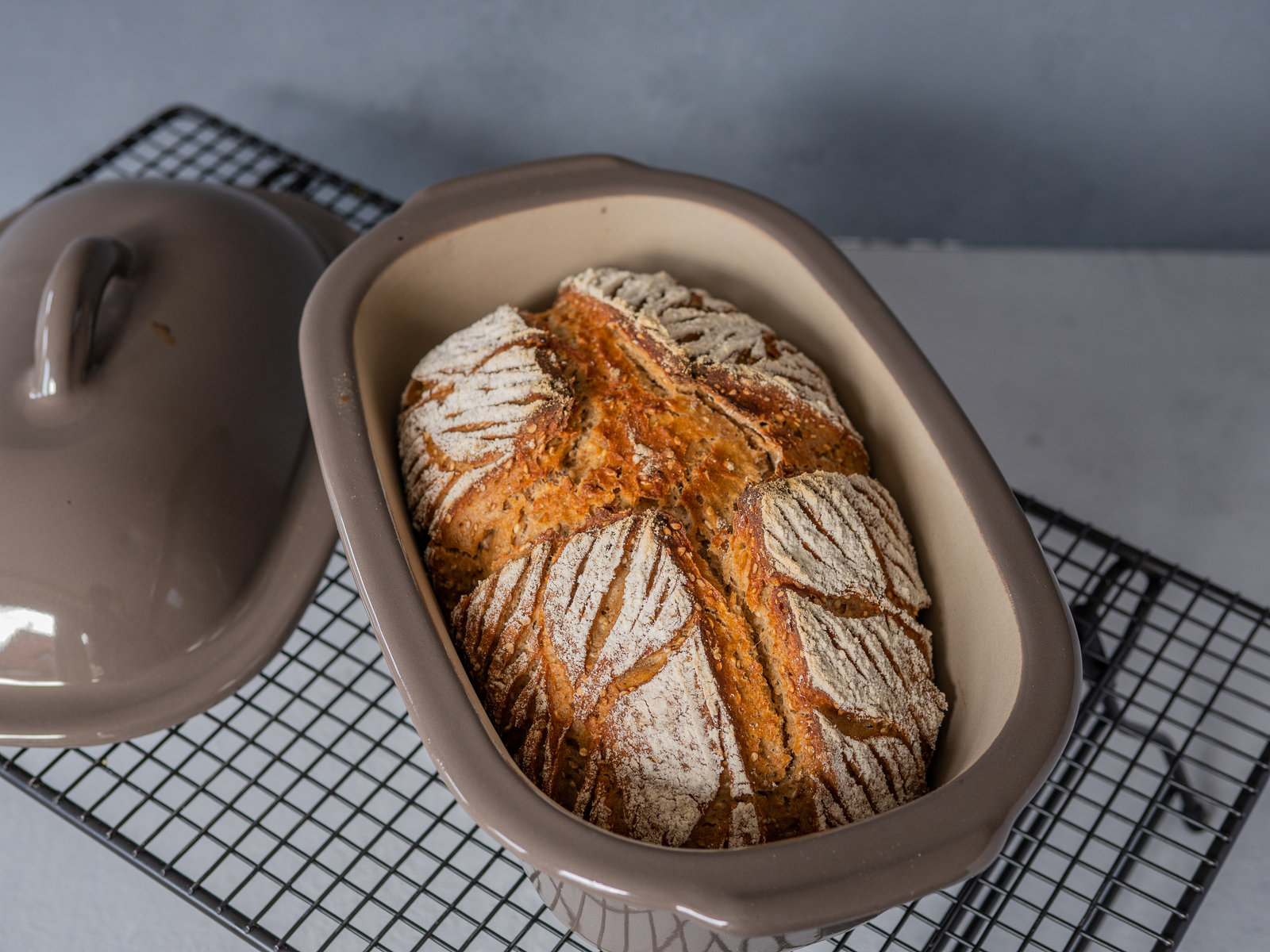 Frisch gebackenes Sesambrot mit eingeschnittener Oberfläche auf einem Kuchengitter