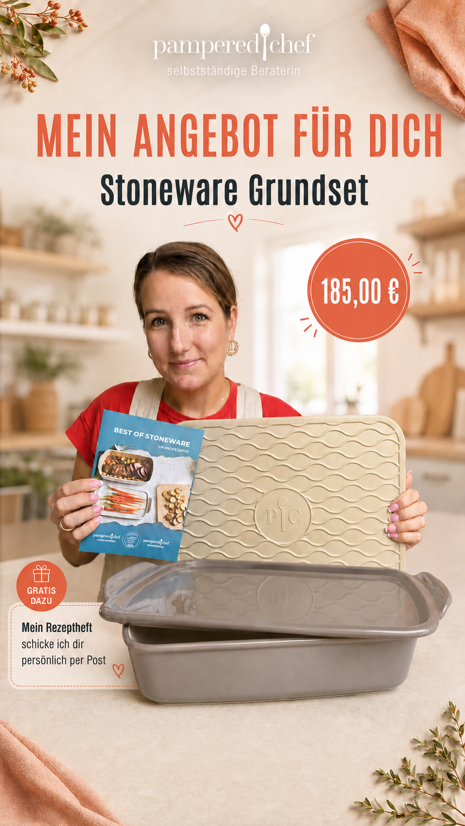 Pampered Chef Stoneware Grundset mit Ofenmeister, Zauberstein rund und Ofenhexe