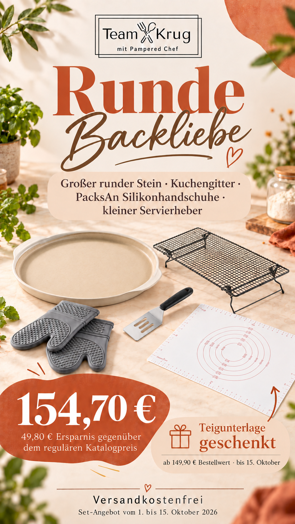 Pampered Chef Runde Backliebe-Set mit rundem Stein, Kuchengitter, Silikonhandschuhen und Servierheber
