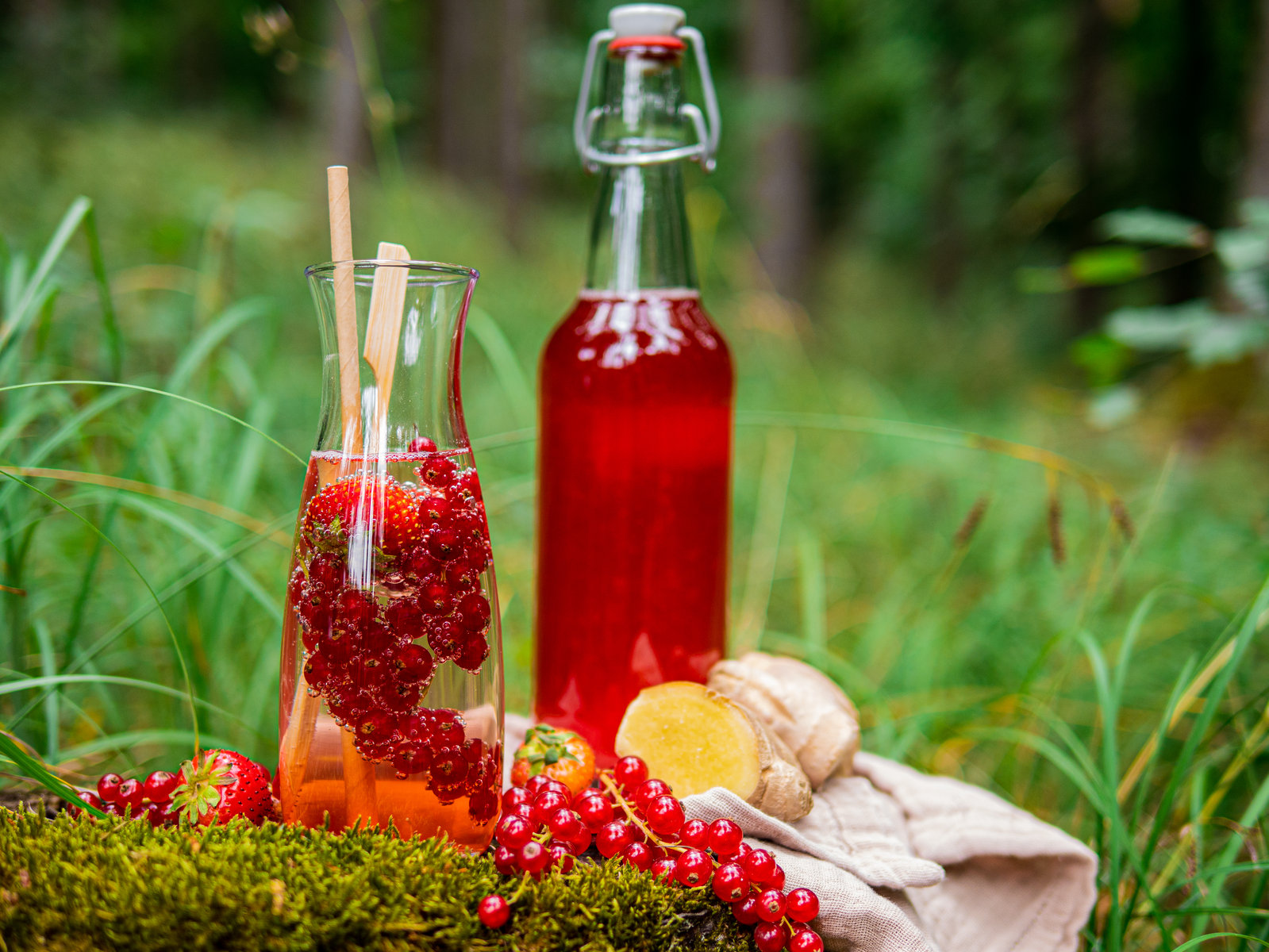 Drei Flaschen hausgemachter Ribisel-Erdbeer-Sirup mit frischen Früchten dekoriert.