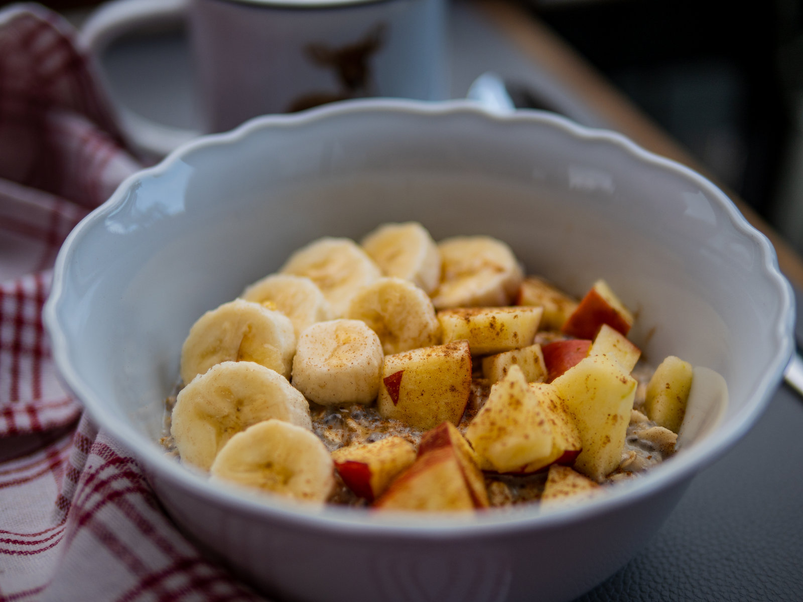 Haferbrei mit Apfelspalten, Bananenscheiben und Zimt-Puderzucker in einer Schale